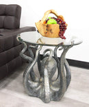 Ebros Gift Aluminum Metal Nautical Ocean Deep Sea Octopus with Raised Tentacle Legs Round Side Coffee Table with Glass Top Furniture Collectible Fantasy Kraken Monster End Tables for Home and Office
