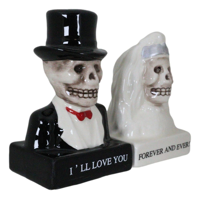 Wedding White Gown Bride And Black Tuxedo Groom Skulls Salt Pepper Shakers Set