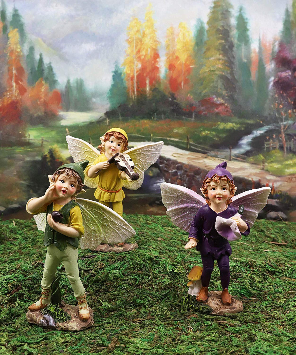 Ebros Set of 3 Fairy Garden Boy Fairies in Morning Violin Serenade Figurines 4"H - Ebros Gift