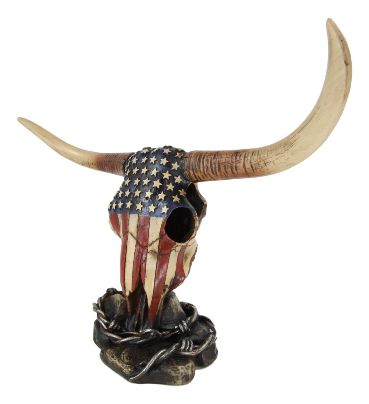 Ebros Western Patriotic American Flag Texas Longhorn Bull Steer Skull Desktop Figurine - Ebros Gift