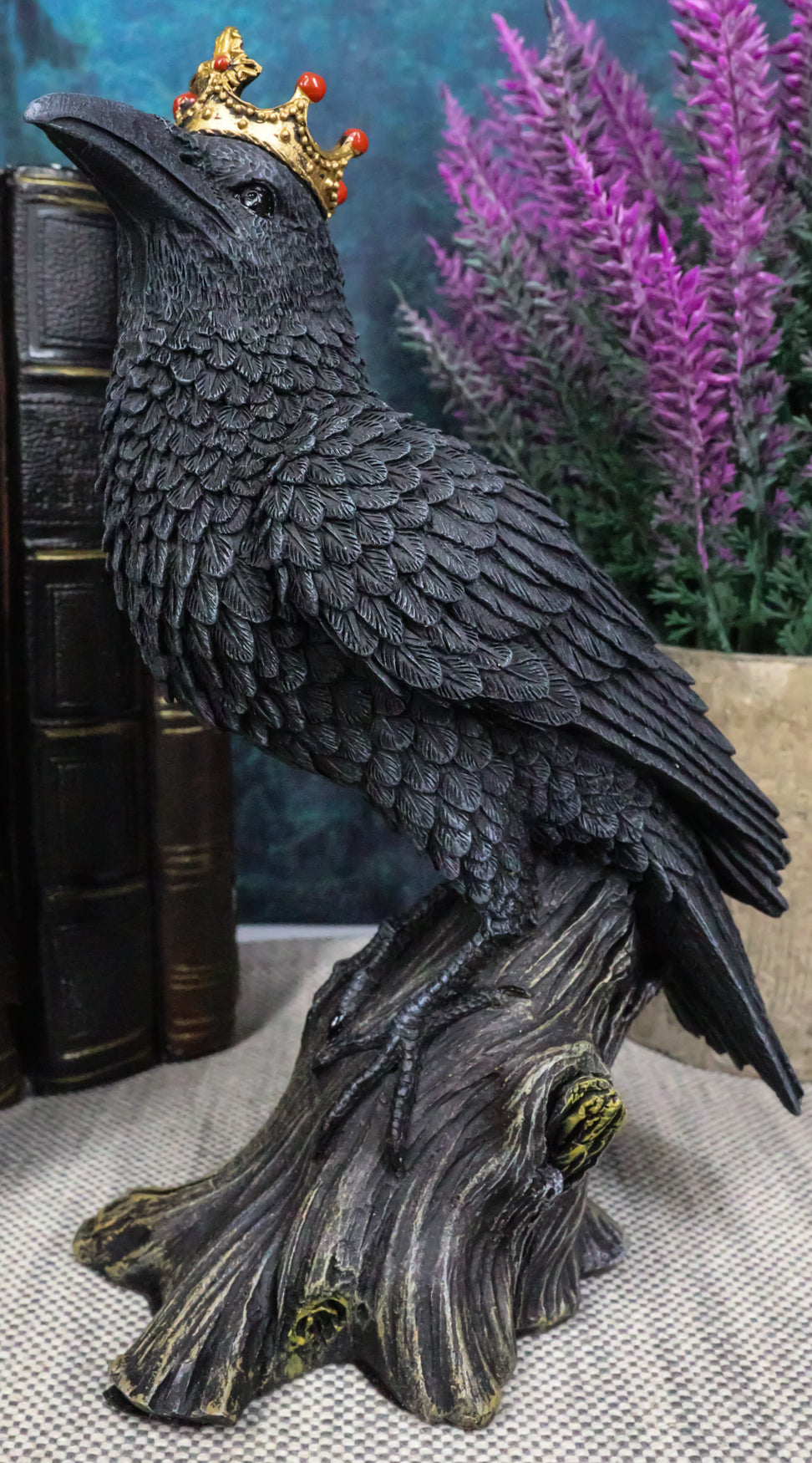 Macabre Gothic Royal Crowned Raven King Perching On Tree Stump Figurine 6.5"H