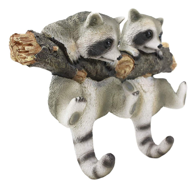 Forest Rustic 2 Playful Raccoons Dangling On Tree Branch 6 Pegs Wall Hook Decor