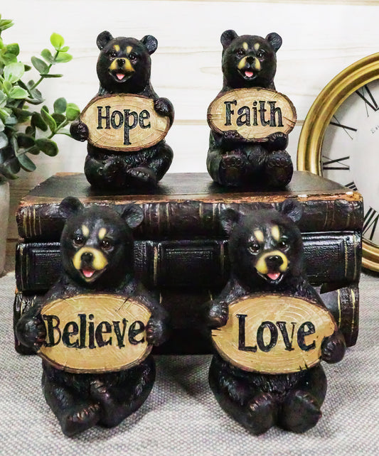 Ebros Set of 4 Inspirational Bears Statues Whimsical Cute Black Bear Holding Love Believe Faith and Hope Sign Plaque Small Figurines Western Decor Rustic Nature Lovers - Ebros Gift