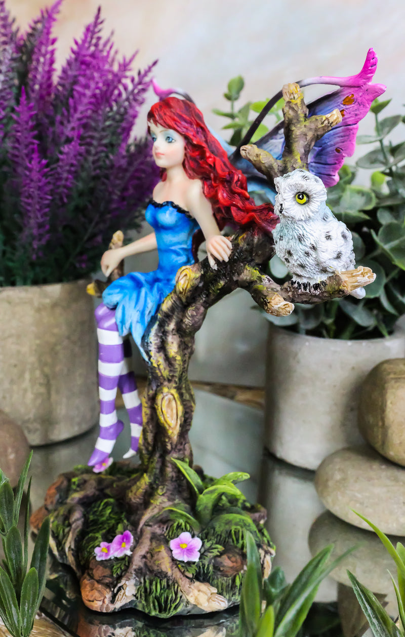 Blue Avatar Butterfly Fairy With Snow Owl Sitting On Magic Forest Tree Figurine