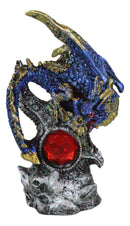 Blue Rune Dragon Guarding Ancient Relic Ruins With Red Crystal Gem Figurine