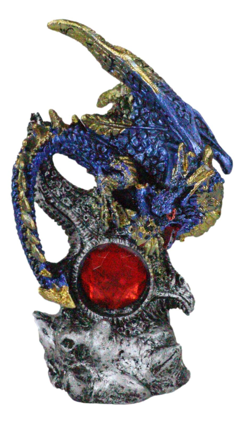 Blue Rune Dragon Guarding Ancient Relic Ruins With Red Crystal Gem Figurine