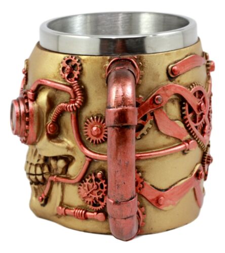 Golden Steampunk Detective Skull Coffee Mug Mechanical Gearwork Pipeline Design