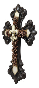 Ebros Rustic Southwest Fleur De Lis On Faux Bronze Roses with Tuscan Scroll Art Wall Cross Decor Plaque Vintage Scrollwork Hanging Sculpture 14.5" Tall Catholic Christian Accent Decorative Crosses