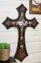 Rustic Western Triple Silver Mustang Horses Faux Tooled Leather Wall Cross 19"H