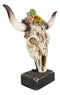 Rustic Western Faux Distressed Wood Bull Cow Skull With Floral Succulents Statue