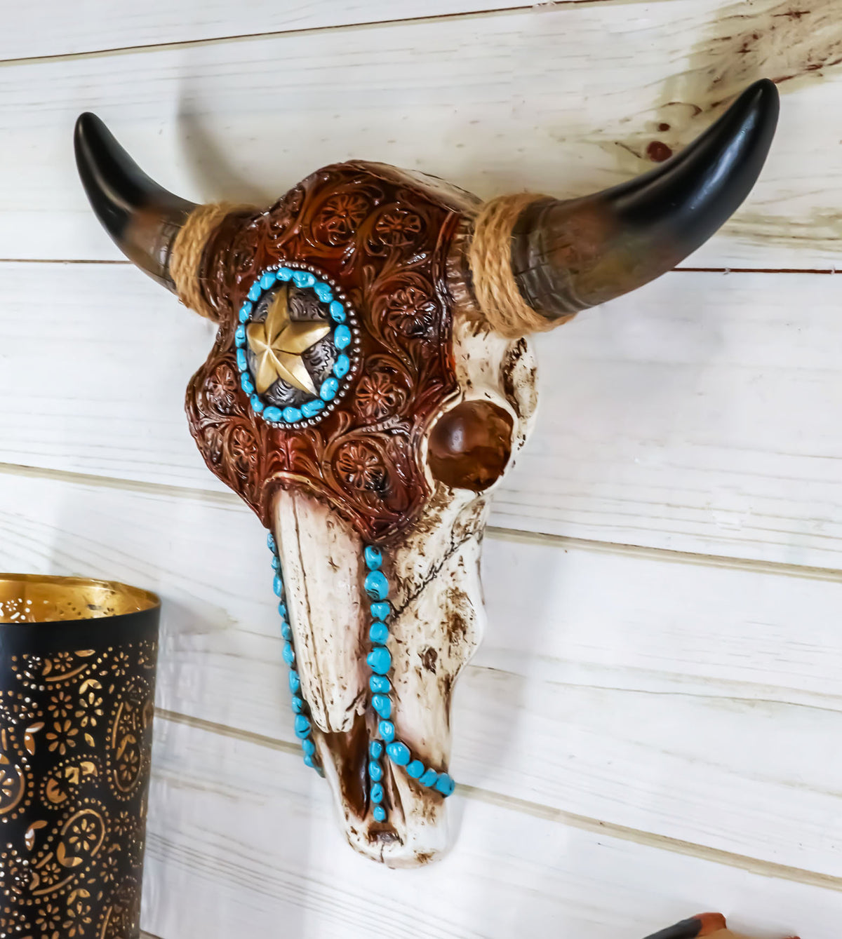Ebros Western Star Tooled Leather Steer Bison Buffalo Bull Cow Horned Skull Wall Decor - Ebros Gift