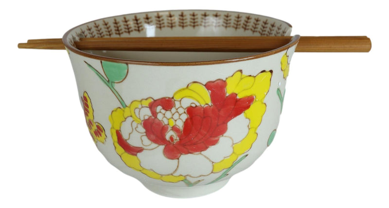 Japanese Design Ceramic Ramen Noodles Bowl & Chopsticks Set Spring Flower Bloom