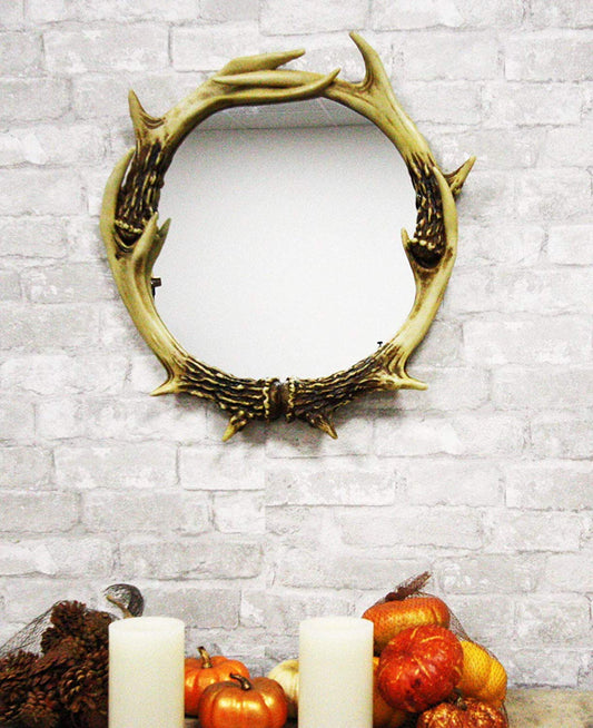 Ebros 19" High Western Rustic Hunters Entwined Stag Deer Antlers Rack Round Wall Mirror Decor Plaque Vintage Decorative Antler Racks Hanging Mirrors As Centerpiece Sculpture Beauty Vanity Accent - Ebros Gift