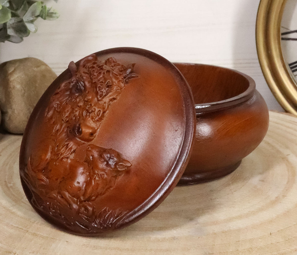 Ebros Rustic Faux Wood Wild Buffalo Bison Rounded Jewelry Box Figurine Collectible
