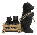 Rustic Black Bear Mother With Cubs Sitting in Wooden Cart Wagon Welcome Statue