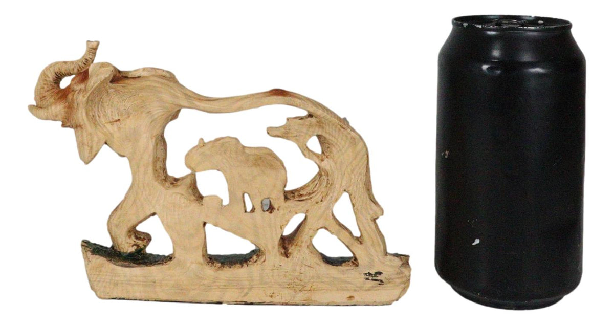 Faux Wood Elephant Family Migration Elephant Walking With Baby Calf Statue 7"L - Ebros Gift