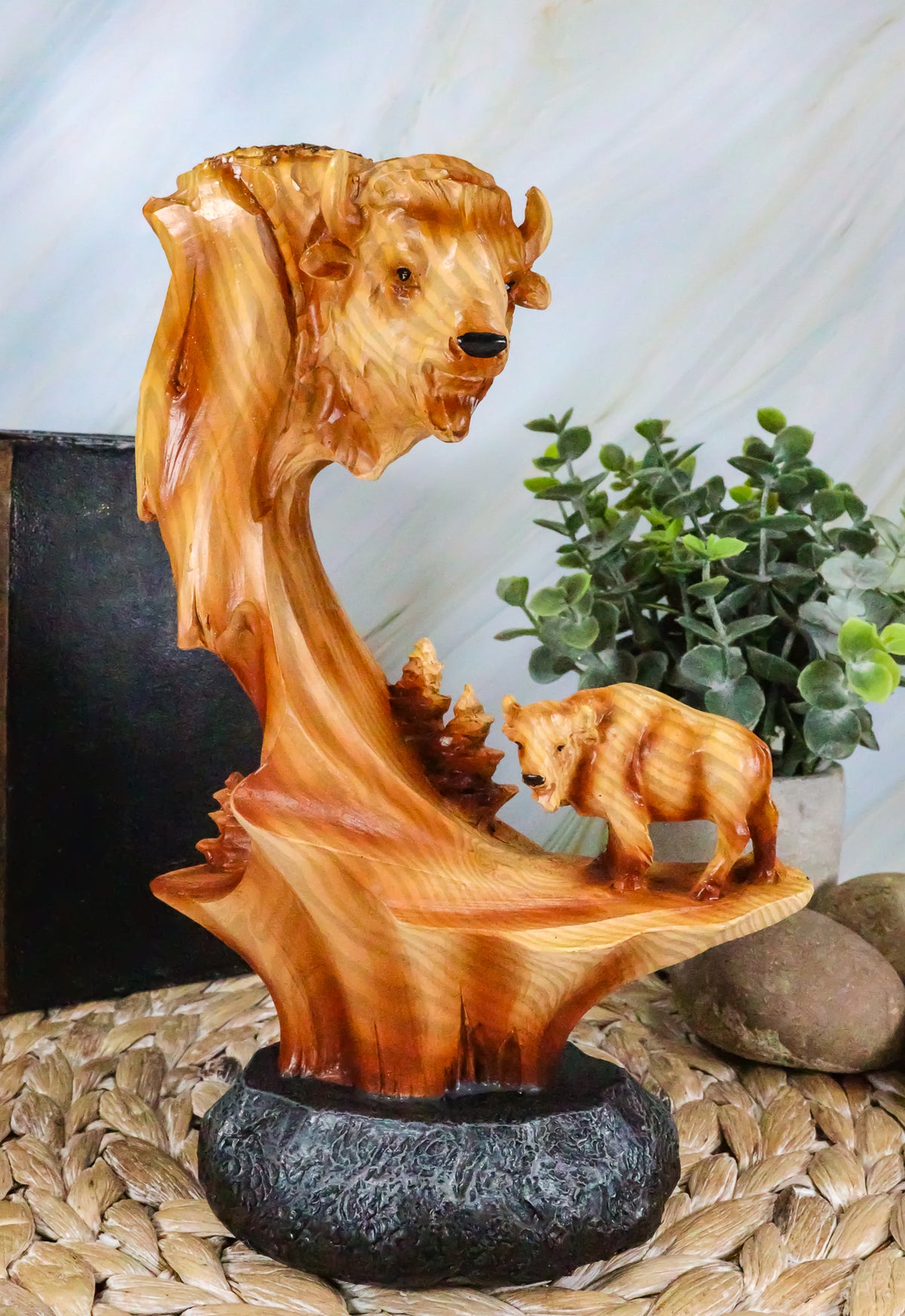Ebros Rustic North American Bison Buffalo Wildlife Scene Figurine Faux Wood 9"H