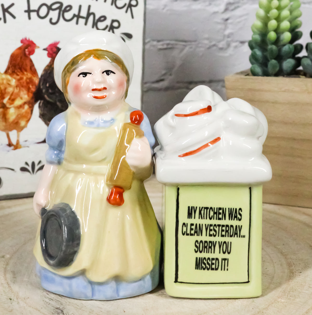 Mother With Dishes Chores 'My Kitchen Was Clean Yesterday' Salt Pepper Shakers