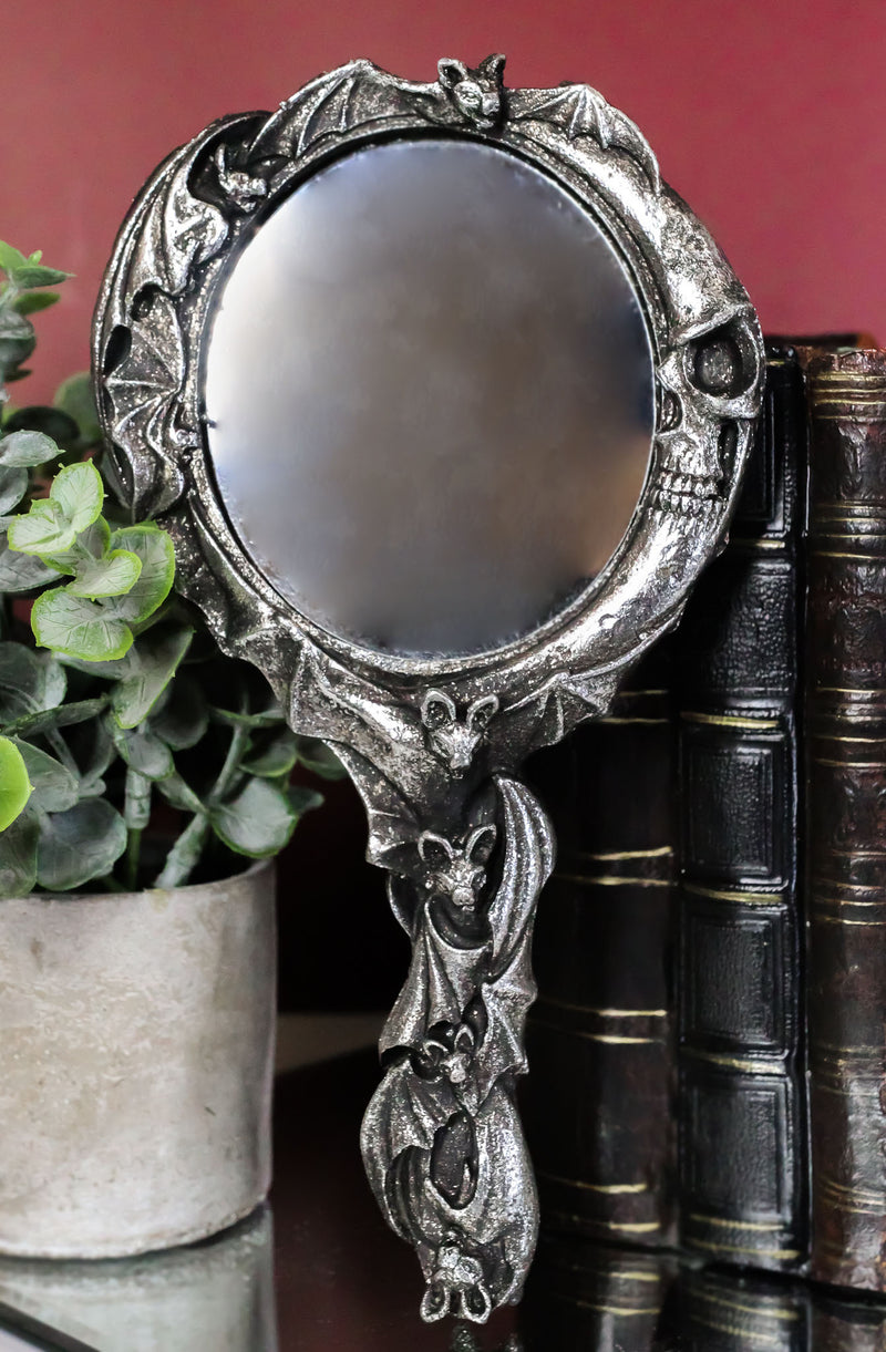 Wicca Macabre Gothic Vampire Bats Crescent Moon Crater Skull Hand Mirror Decor