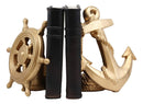 Nautical Coastal Home Decor Ship Anchor And Captain's Helm Wheel Bookends Set