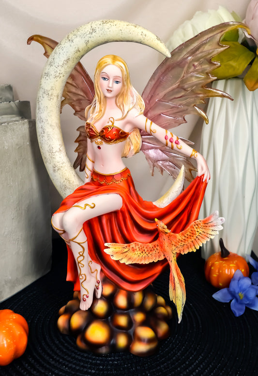 Ebros Large Celestial Crescent Ember Moon Fire Elemental Phoenix Fairy Statue
