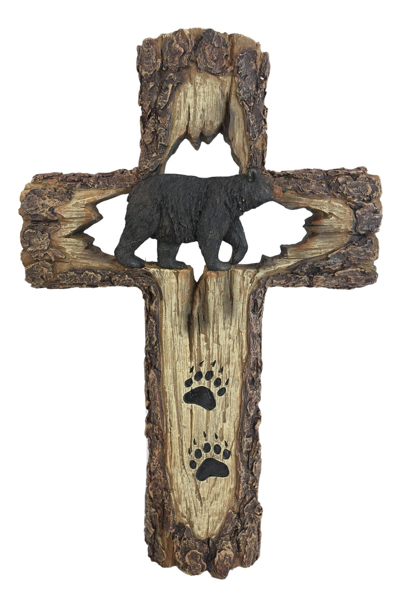 Rustic Western Black Bear With Paw Prints Faux Wood Wall Cross Decor Plaque