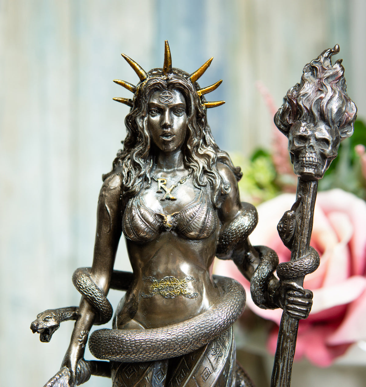 Ebros Greek Goddess Underworld Hecate Holding Fire Skull Staff Statue Figurine