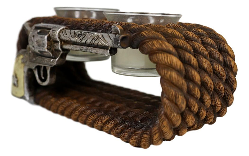 Ebros Western Cowboy Ropes And Revolver Pistol Double Votive Tea Light Candle Holder