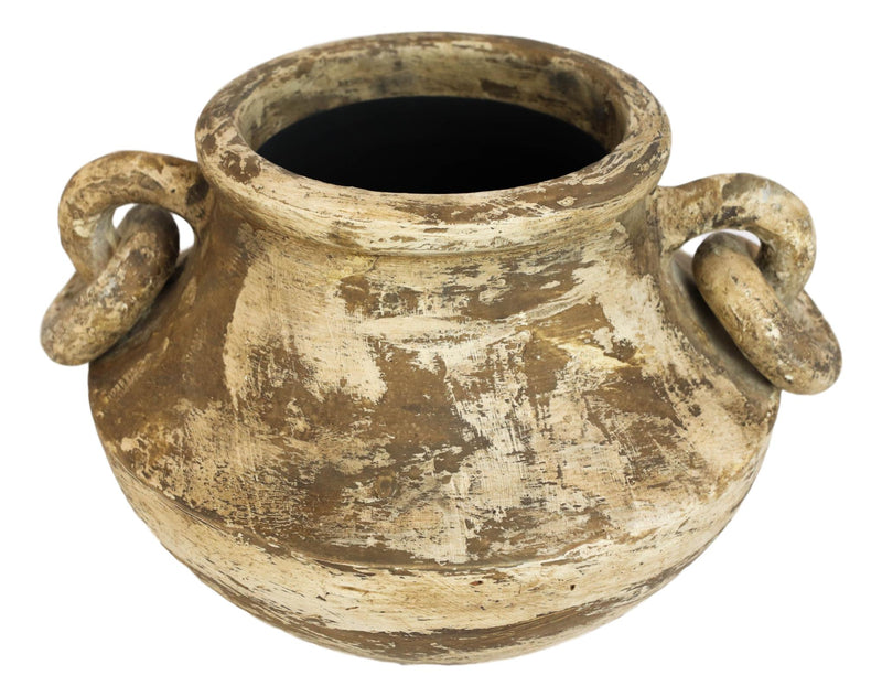 Vintage Earthenware Rustic Distressed Terracotta Vase Pot W/ Decorative Handles