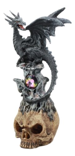 Azureon Black Dragon Perching On Quartz Tower Alien Skull Statue Home Decor - Ebros Gift