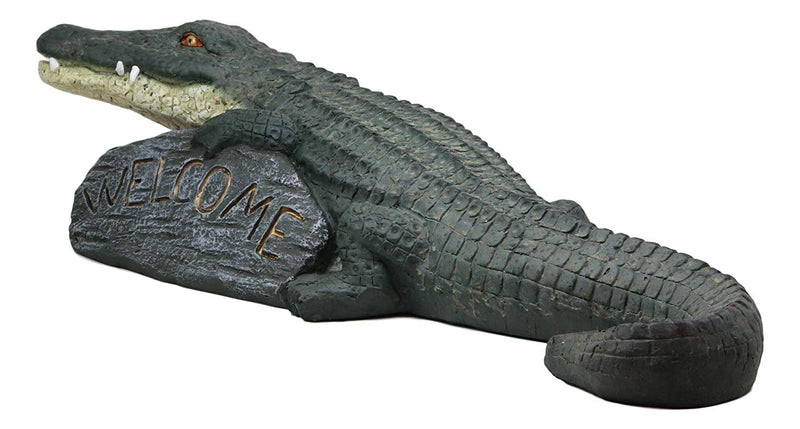 Ebros Gift Large Realistic Crocodile Holding Welcome Sign Rock Garden Greeter Accent Statue Lake Home Patio Pool Exotic Decor of Alligators Crocodiles Caiman Gator Decorative Sculpture (29" Long)
