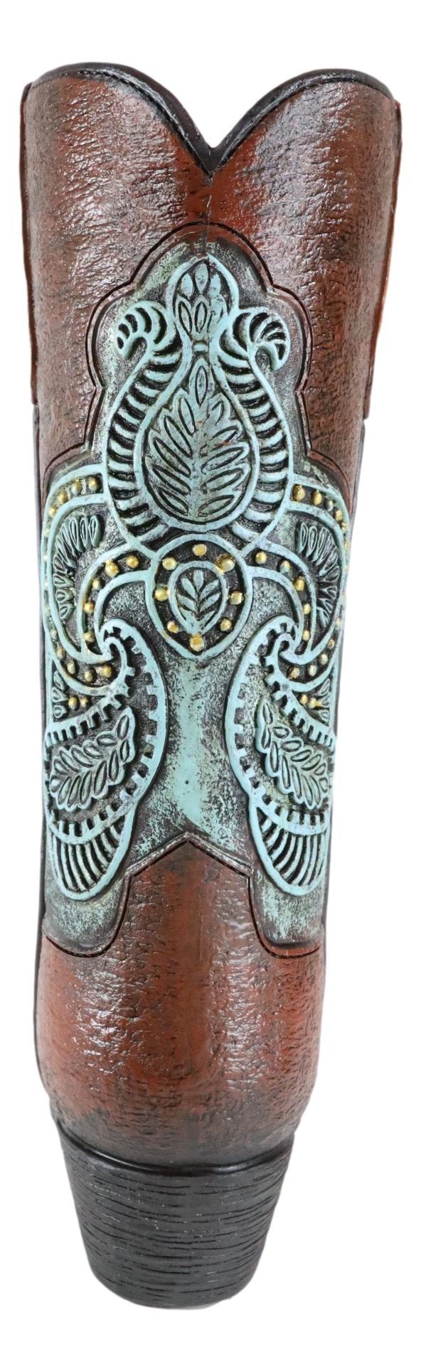 Western Boho Chic Turquoise Floral Lace Tooled Leather Cowboy Boot Flower Vase