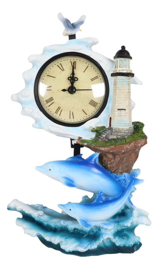 Nautical Marine Bottlenose Dolphins Family In Waves By Lighthouse Table Clock