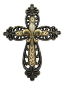 Ebros Gift Rustic Western Ornate Fleur De Lis Golden Tooled Wall Cross Decor Plaque Vintage Design Hanging Sculpture 12" High (Golden Fleur De Lis)