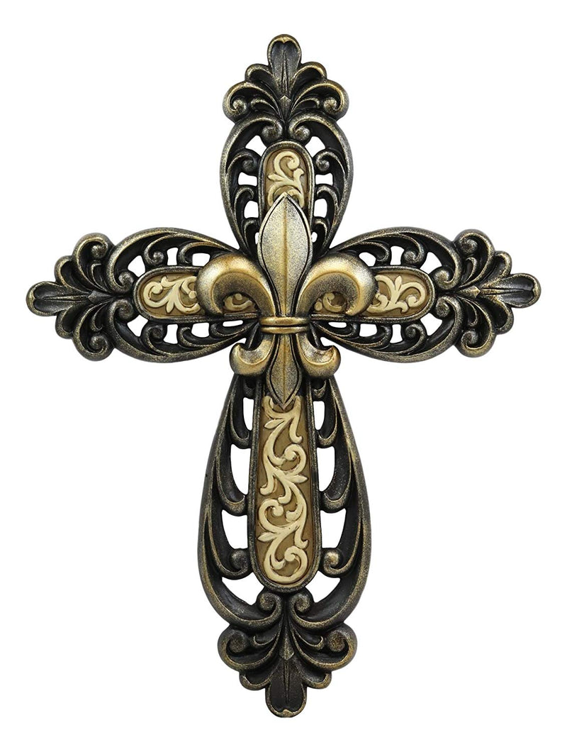 Ebros Gift Rustic Western Ornate Fleur De Lis Golden Tooled Wall Cross Decor Plaque Vintage Design Hanging Sculpture 12" High (Golden Fleur De Lis)
