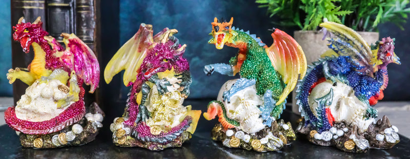Set of 4 Metallic Red Green Pink Blue Dragons Crouching On Skulls Mini Figurines