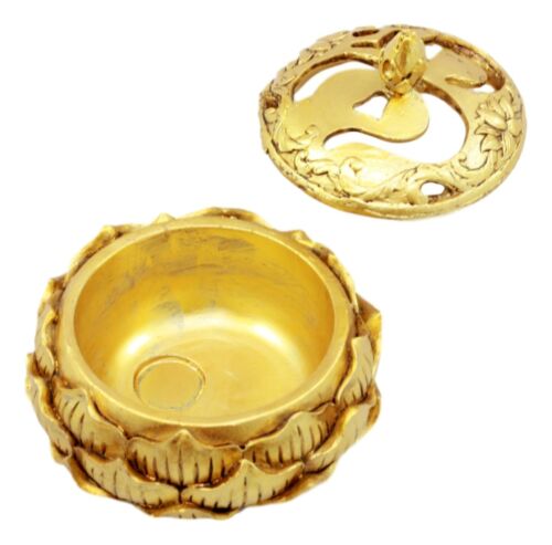 Auspicious Golden Buddha Ohm Carved Padma Lotus Round Jewelry Box Figurine