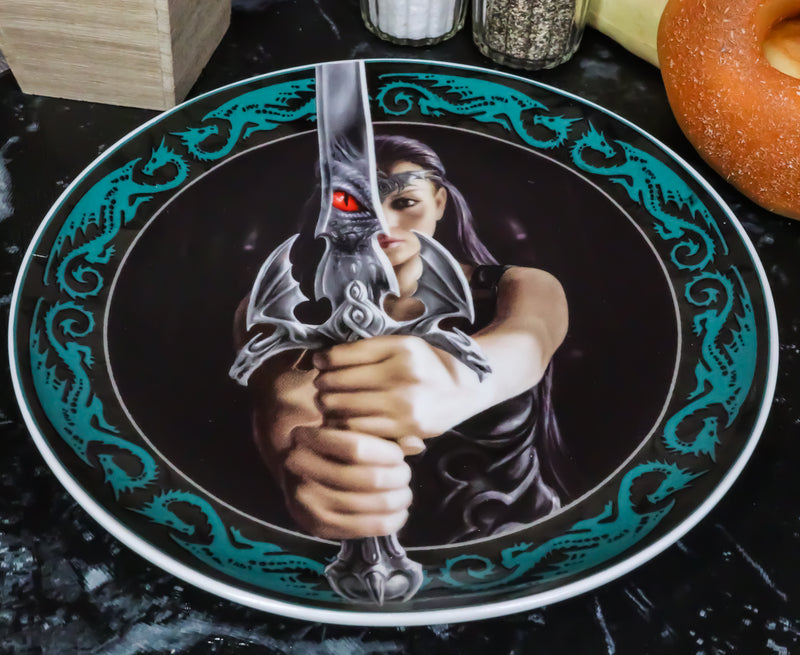 Set Of 4 Fantasy Warrior Maidens With Magic Rune Dragons Dessert Salad Plates