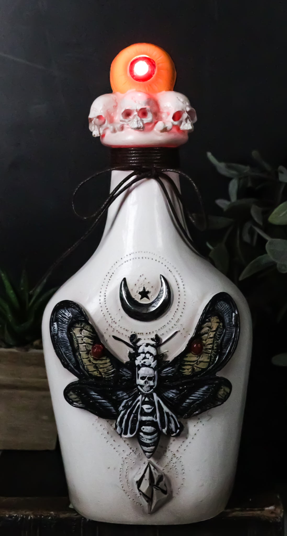 Wicca Black Skull Moth Crescent Moon And LED Witch Eyeball Faux Potion Bottle
