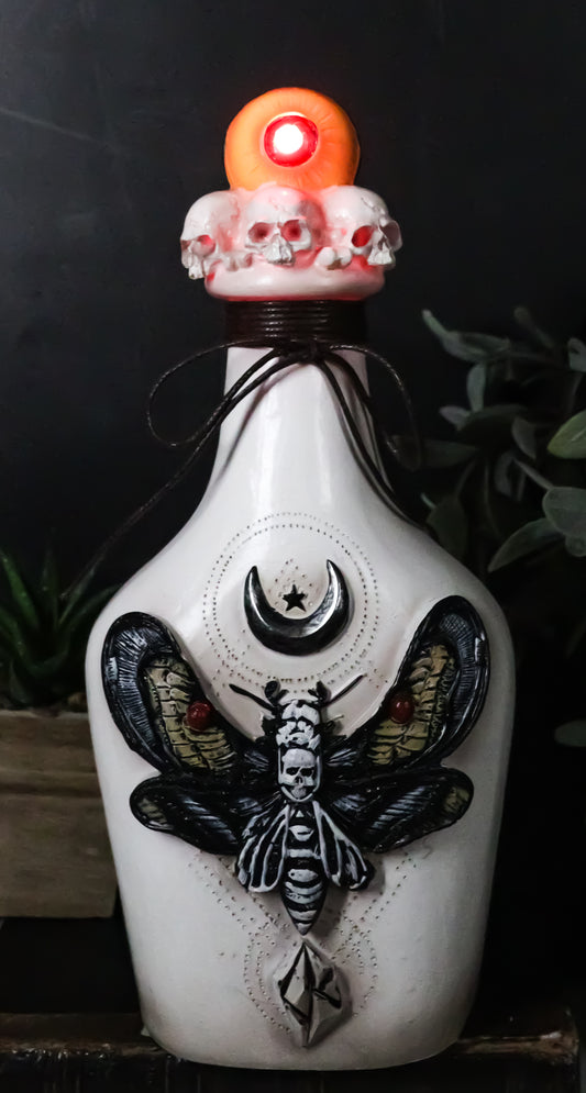 Wicca Black Skull Moth Crescent Moon And LED Witch Eyeball Faux Potion Bottle