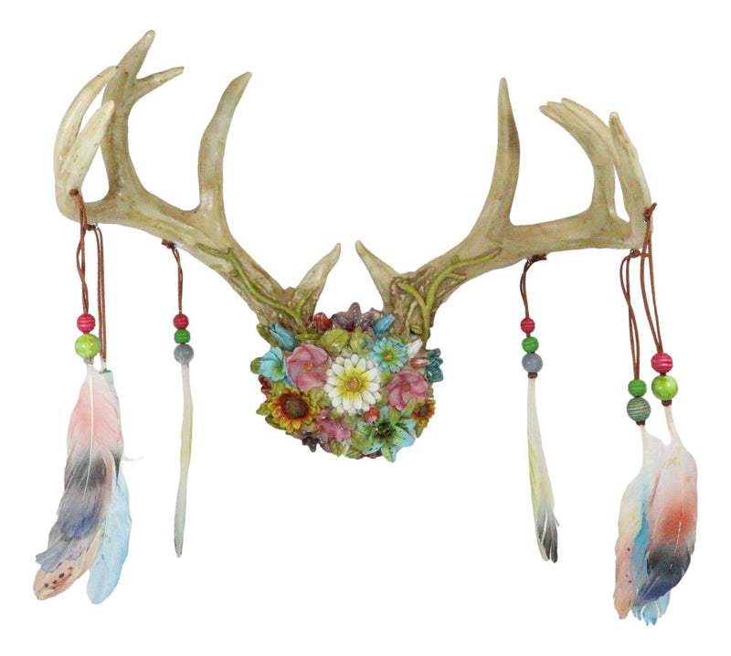 Rustic 12 Point Stag Deer Antlers Flowers And Feathers Rack Wall Hooks Plaque