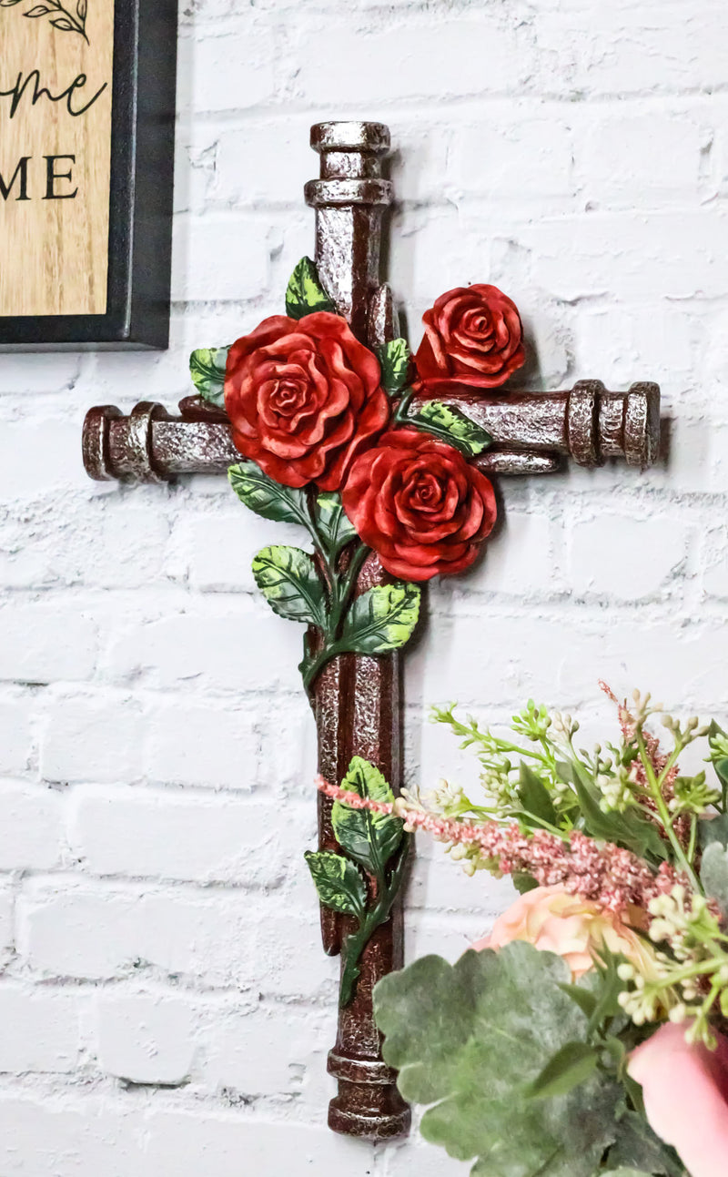 Rustic Western Romantic Red Roses Vine Roman Spike Nails Decorative Wall Cross
