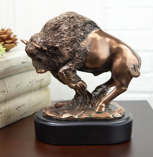 Western Charging American Buffalo Bison Bull Bronze Electroplated Resin Statue - Ebros Gift