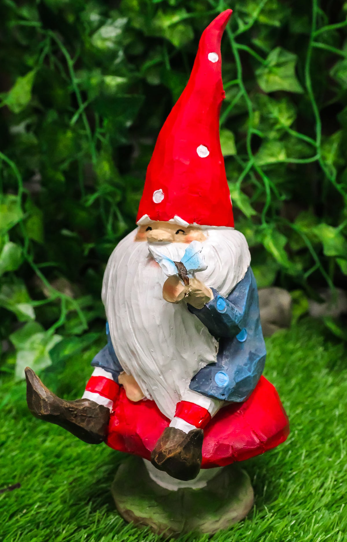 Camper Gnome Sitting On Toadstool Mushroom with A Bluebird Fairy Garden Figurine