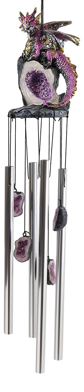 Medieval Purple Dragon Guarding Topaz Crystal Geode Rock Figurine Wind Chime