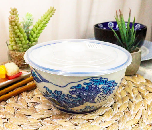 Ebros Set of 2 Ceramic Blue Hokusai Great Wave Portion Meal Bowls 3 Cups Airtight Lid