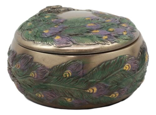 Art Nouveau Beautiful Iridescent Tailed Peacock Round Jewelry Box - Ebros Gift