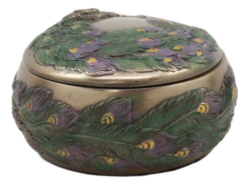 Art Nouveau Beautiful Iridescent Tailed Peacock Round Jewelry Box