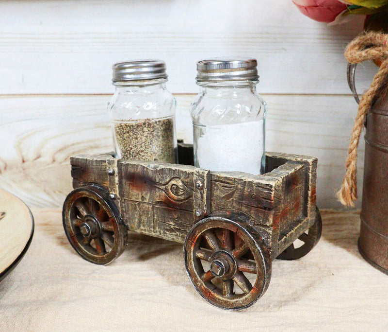 Vintage Old Fashioned Faux Wood Rustic Wagon Cart Salt Pepper Shakers Holder Set