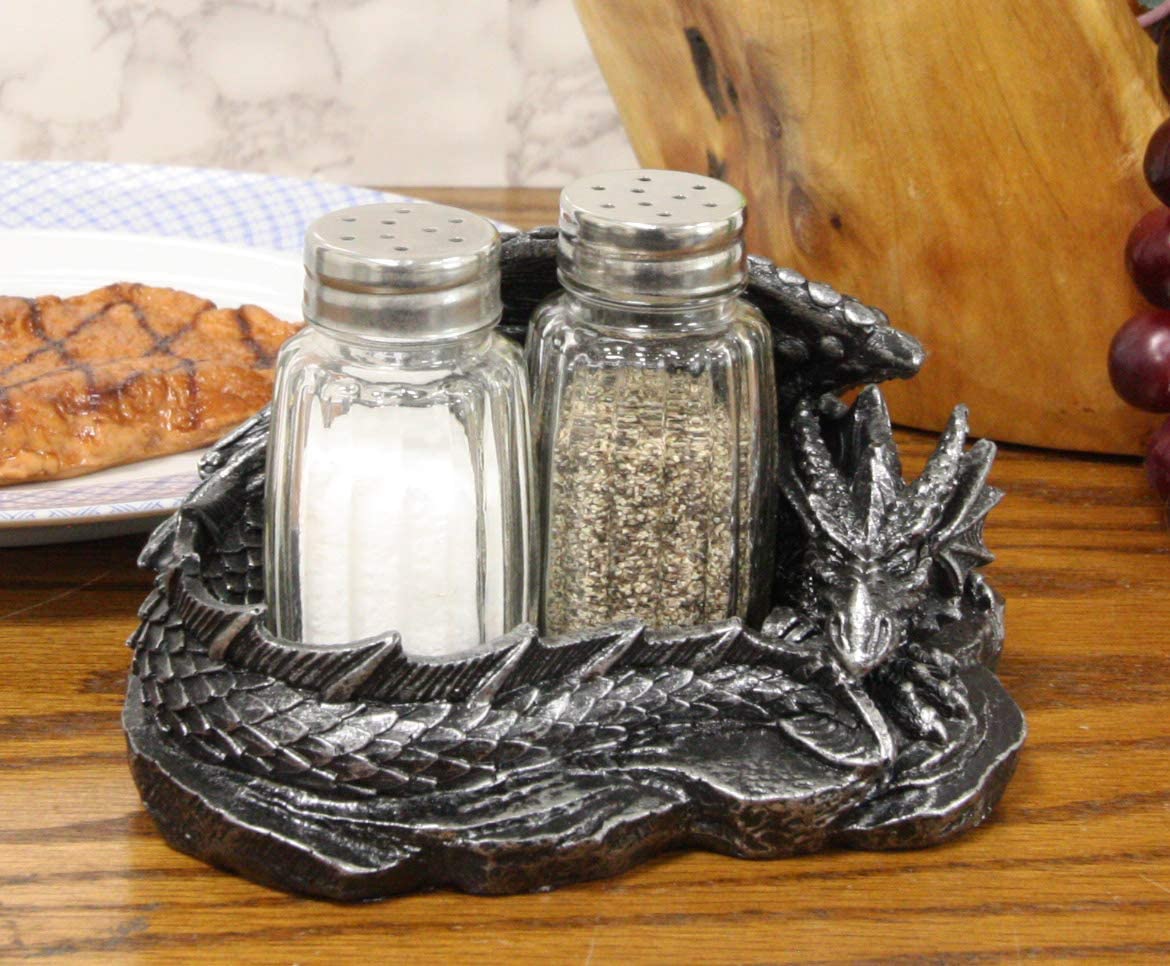 Sleeping Dragon Glass Salt and Pepper Shaker Set with Decorative Holder Display - Ebros Gift
